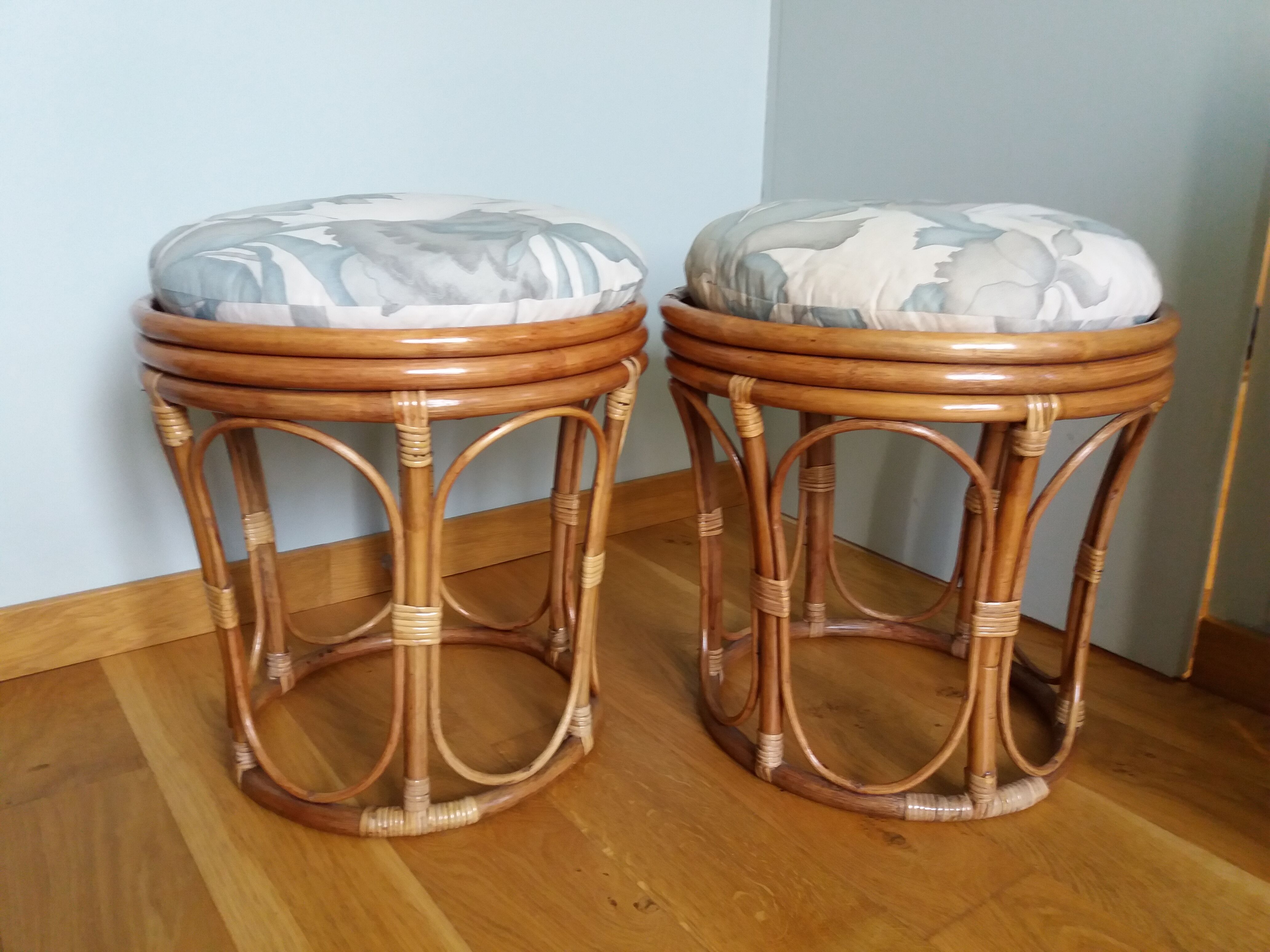 Pair of wicker rattan stool poufs