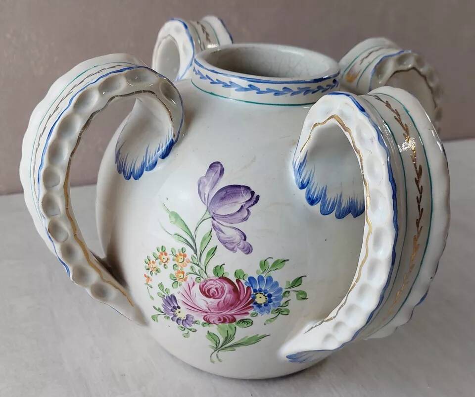 Old vase decorated with flowers, in ceramic, Roger Colas, from Clamecy