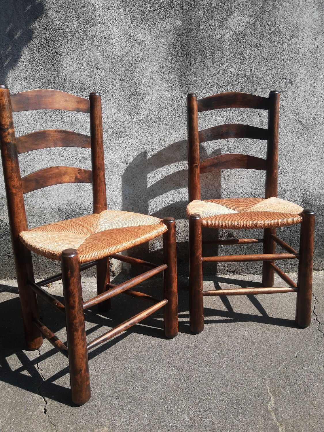 Pair of brutalist wood mulched chairs