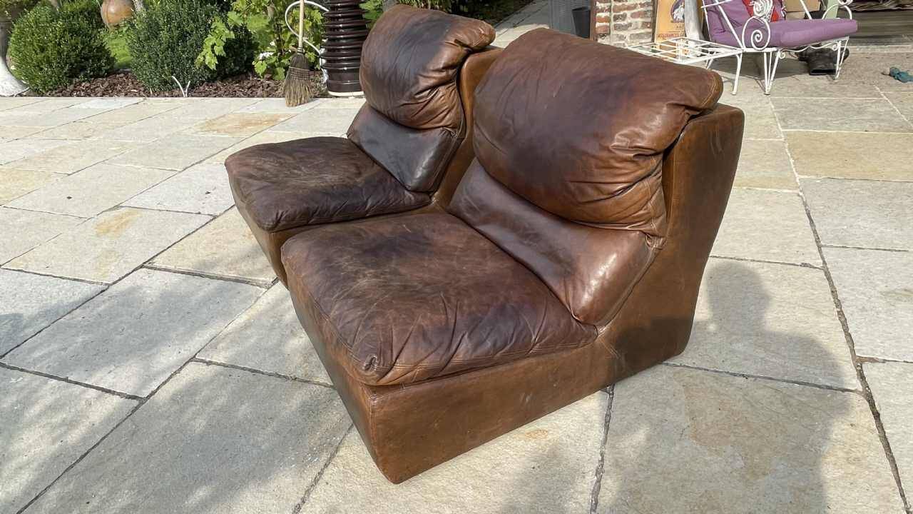 Pair of vintage leather armchairs / fireside chairs / clubs, 1970s