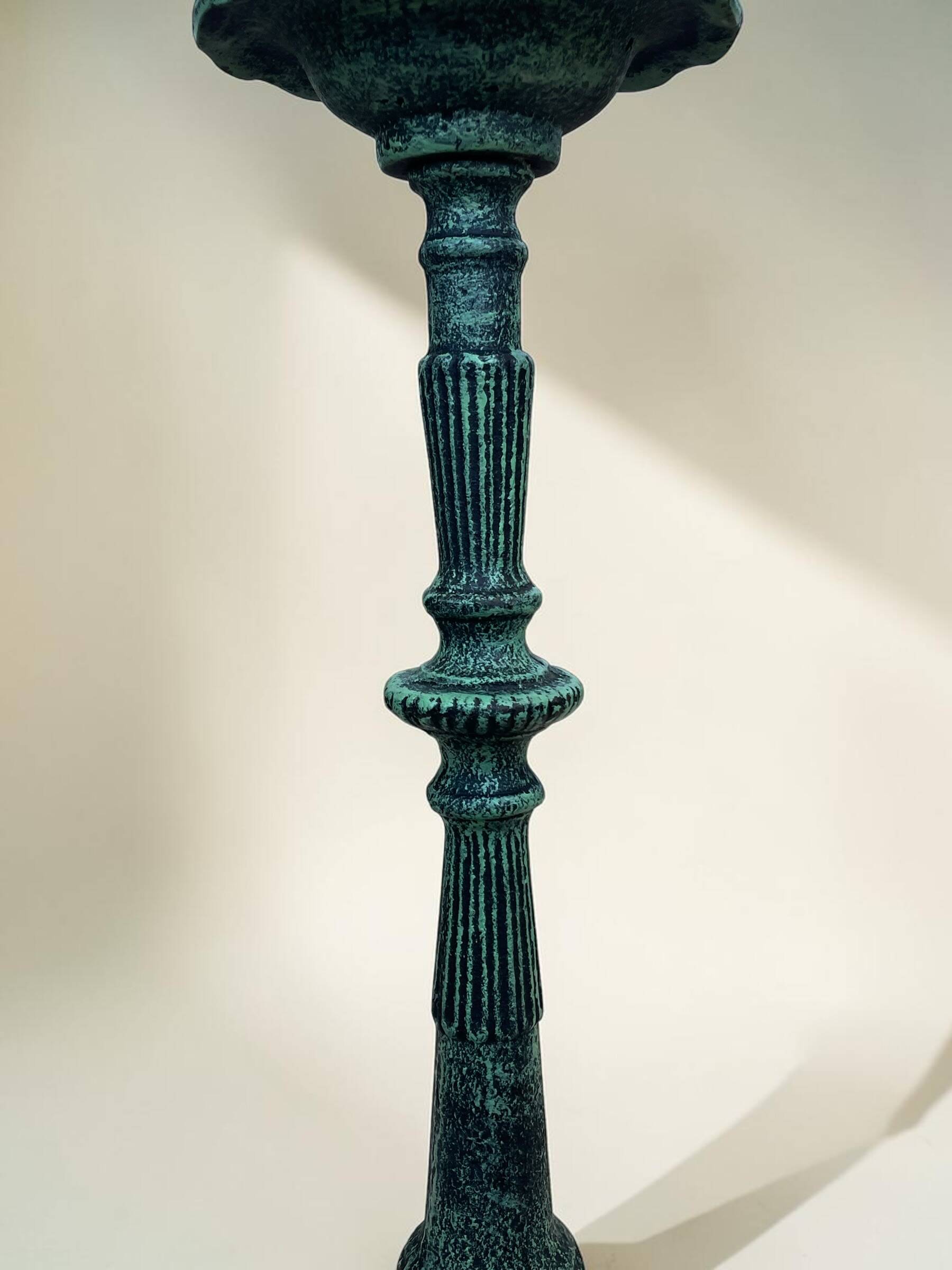 Vintage candlestick holder in patinated green-grey cast iron, 32.5 cm