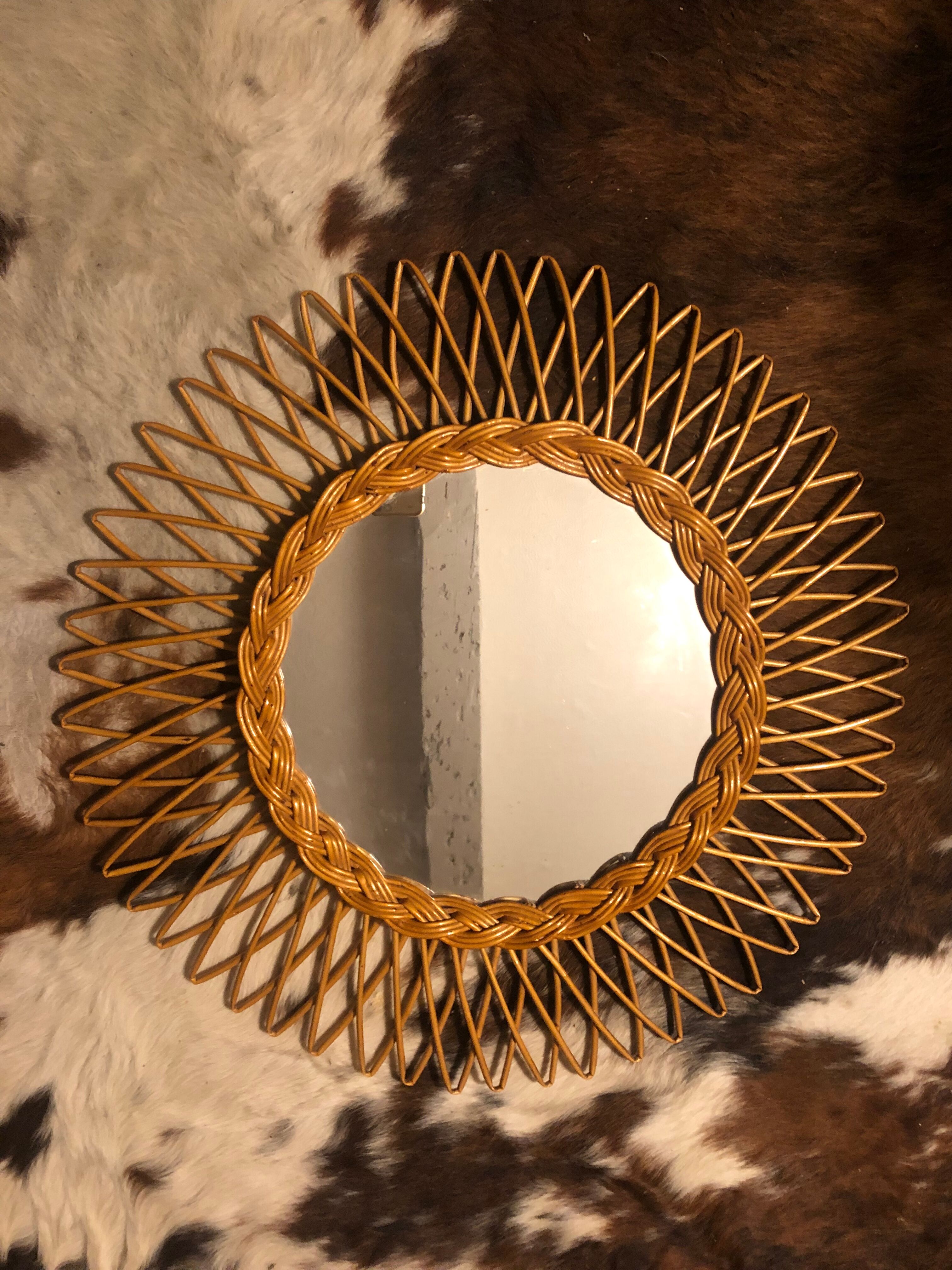 Vintage round rattan mirror 60s, 55 cm