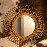 Vintage round rattan mirror 60s, 55 cm