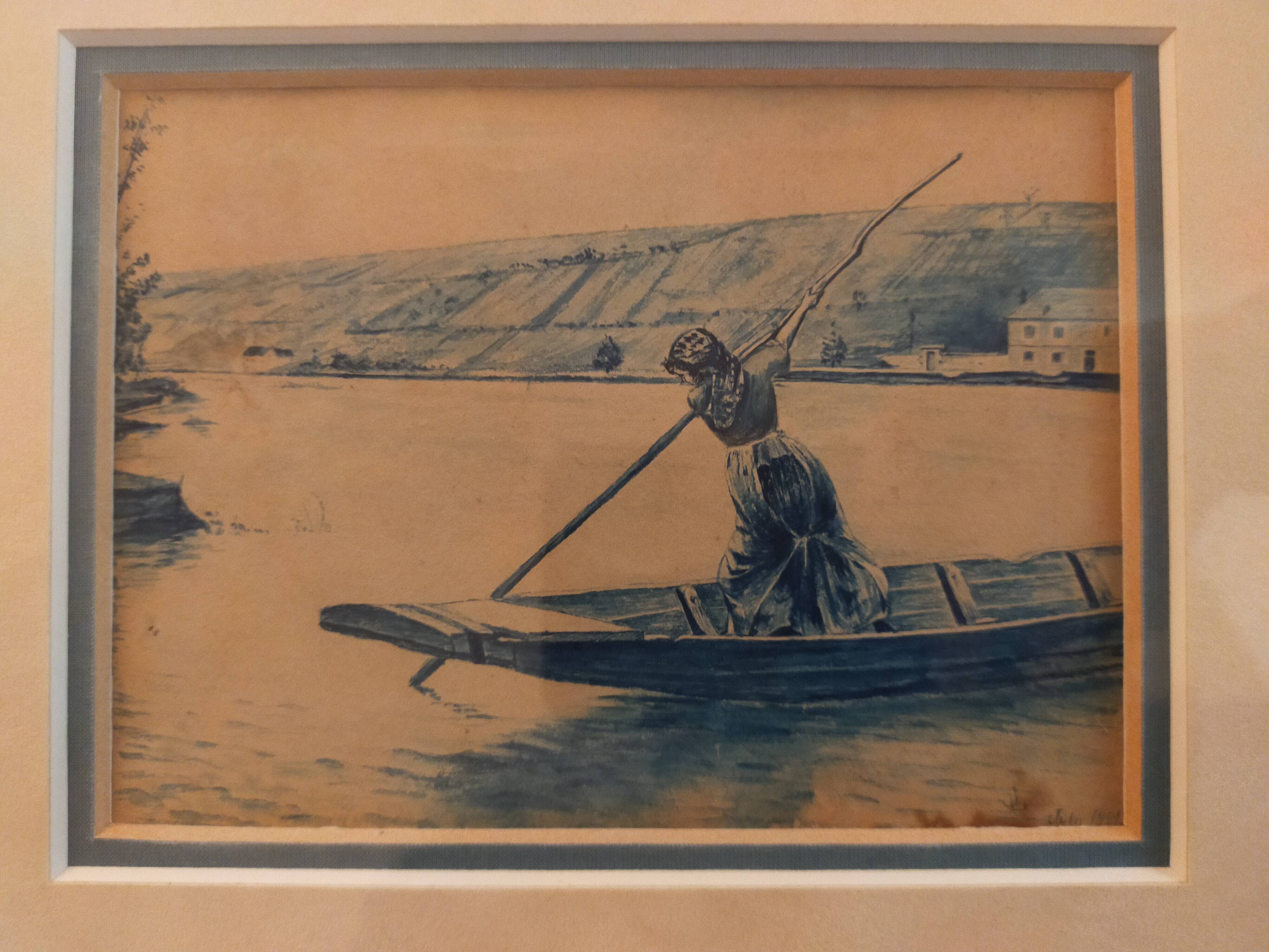 Framed signed watercolor marine landscape