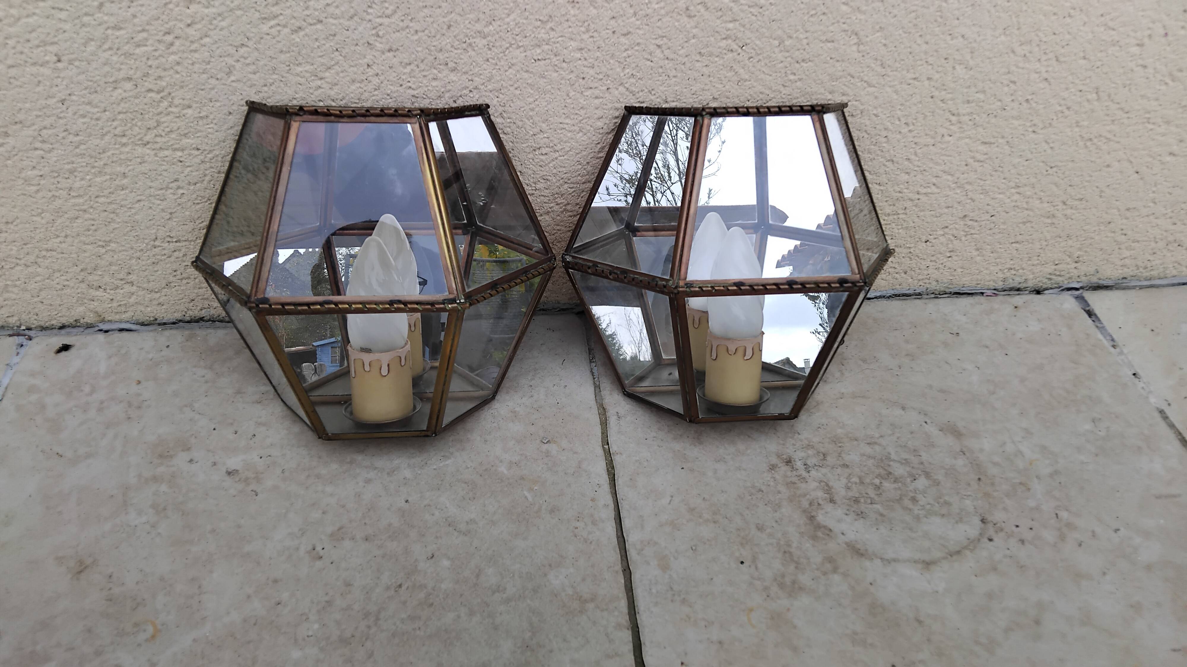 Pair of vintage wall lights with brass glass and mirror