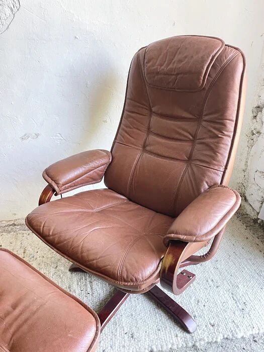 Scandinavian brown leather recliner lounge chair with ottoman, circa 1990