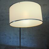 Flexible floor lamp, chrome, opaque white lampshade and metallic edges