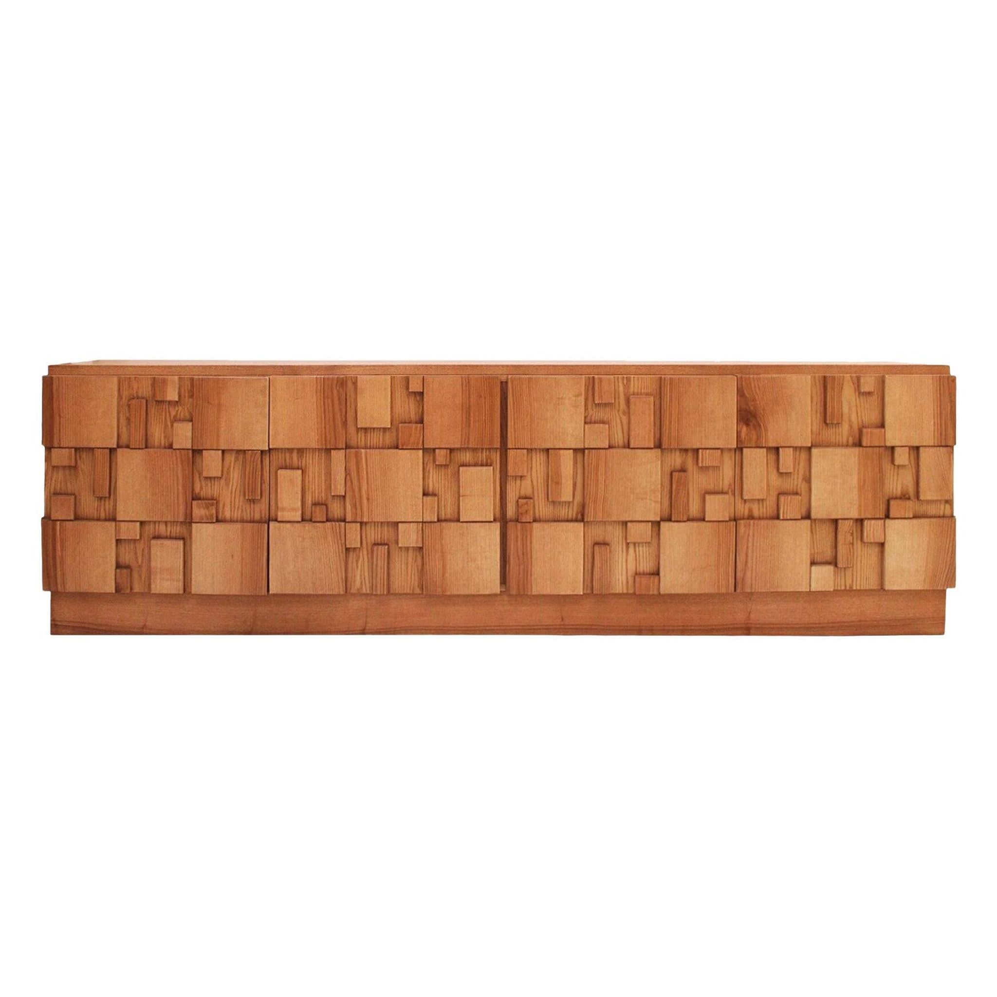 Brutalist Style Oak Handcarved Italian Large Sideboard