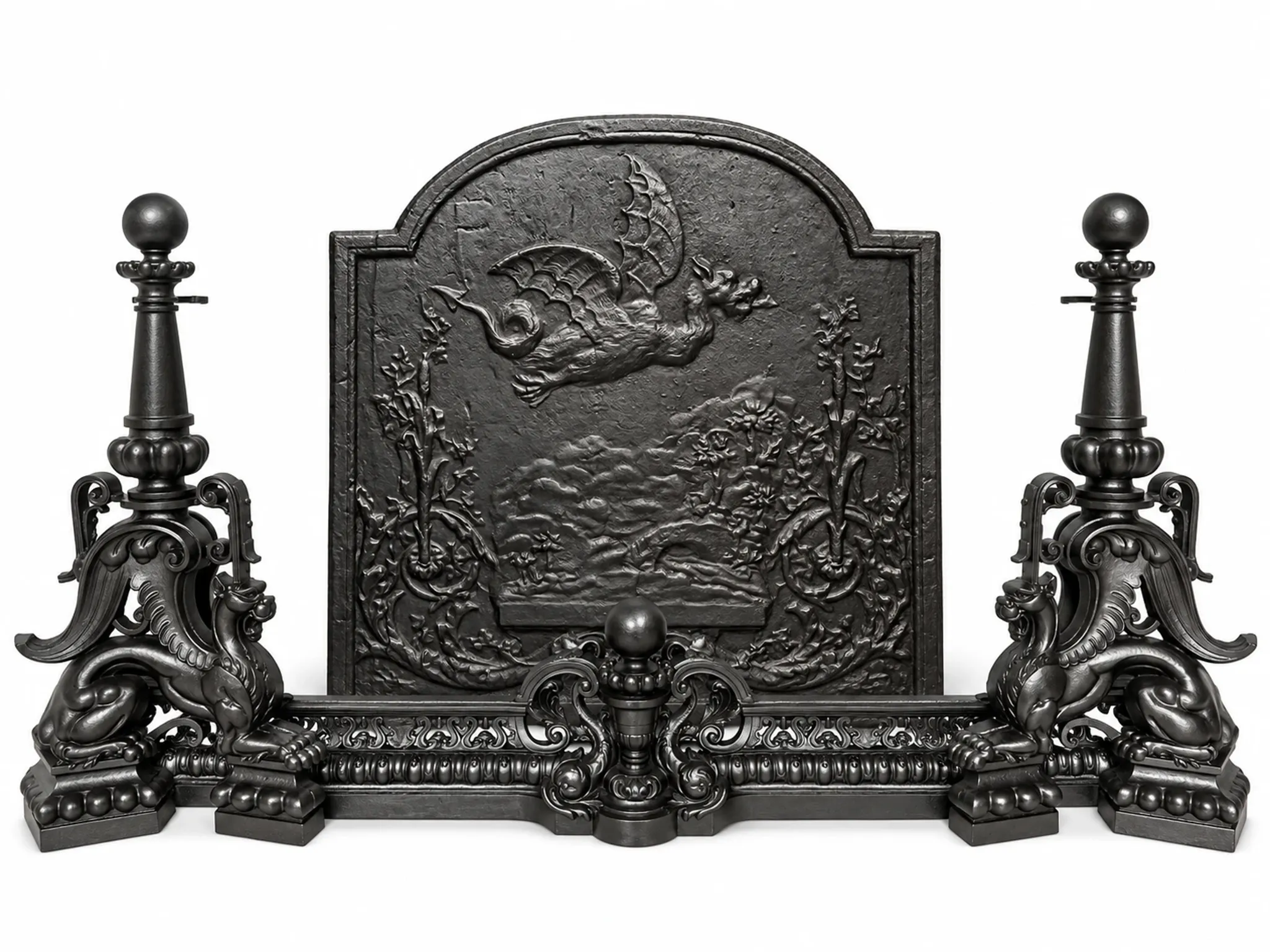 19th-century cast iron fireplace set, bar, andirons & plaque with griffins