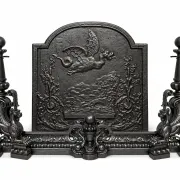 19th-century cast iron fireplace set, bar, andirons & plaque with griffins