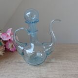 Ensemble Petits Huilier et Vinaigrier en Verre Bullé et Soufflé Bleu Signé Biot