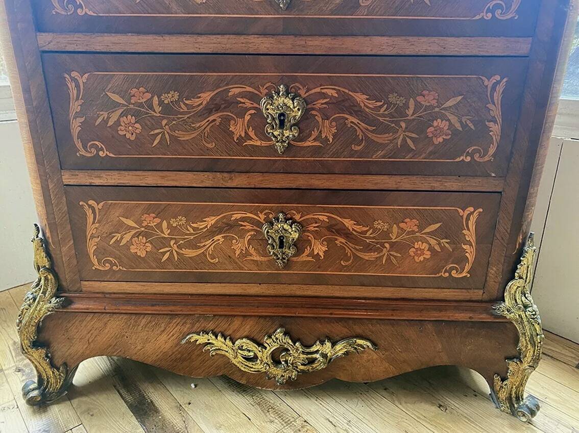 Inlaid wooden secretary, marble top. Napoleon III