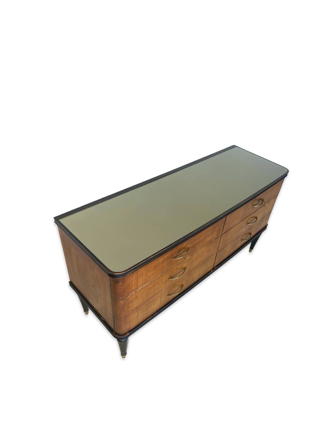 Commode en acajou plaqué avec plateau en verre vert, années 1950
