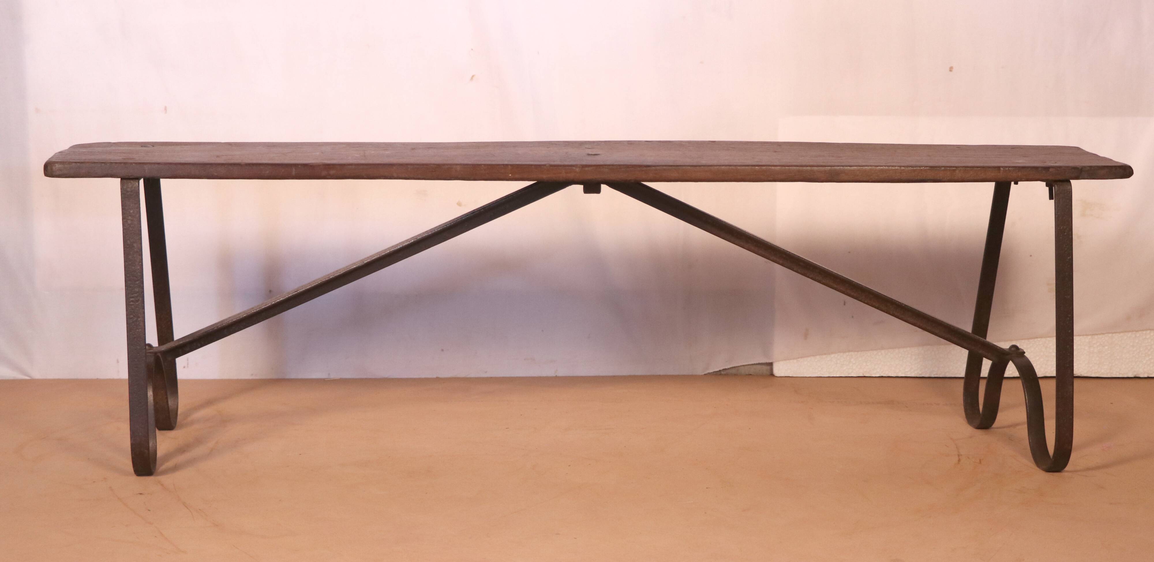 Old burmese teak bench and wrought iron base