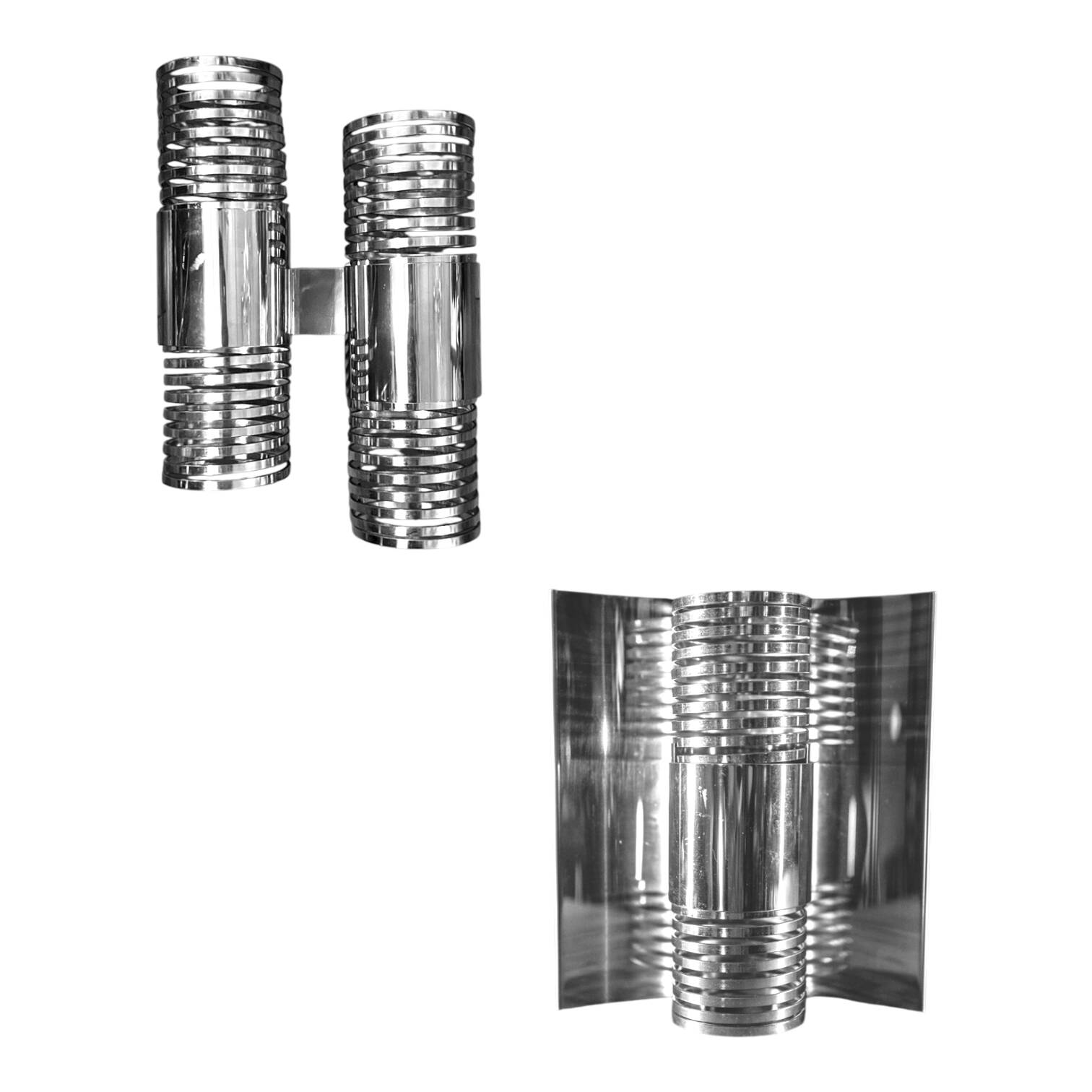 Pair of 'Spiral / Spring' wall lights in chromed steel, Space Age ca 1970