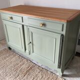 Pastel green low buffet, raw wood tray