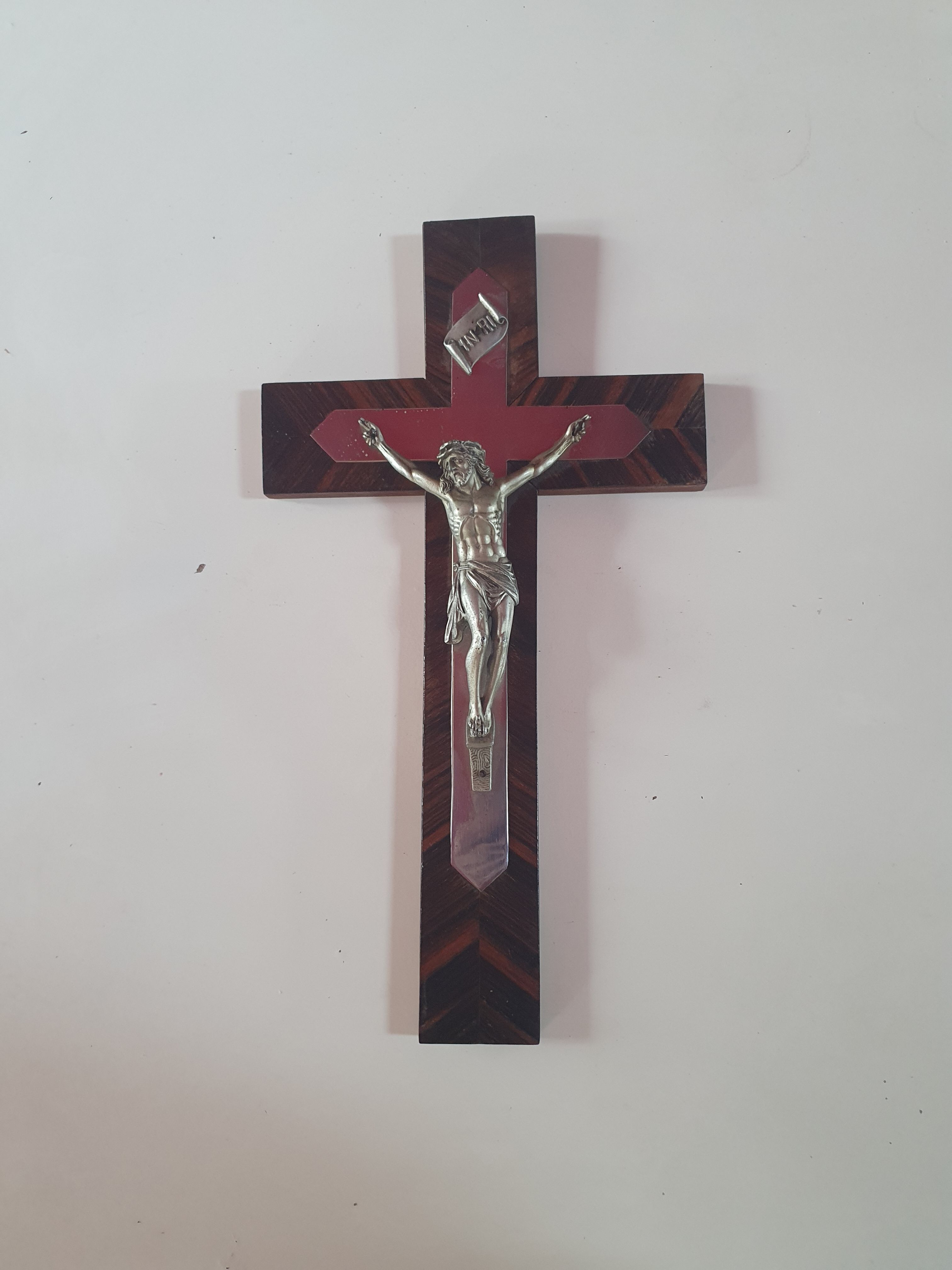 Cross crucifix in wood and metal silver 36 cm on19cm vintage old from the 60s 70s
