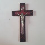 Cross crucifix in wood and metal silver 36 cm on19cm vintage old from the 60s 70s