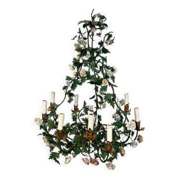 Important lustre basket in green lacquered metal foliage and Meissen porcelain flowers in Louis XVI style.