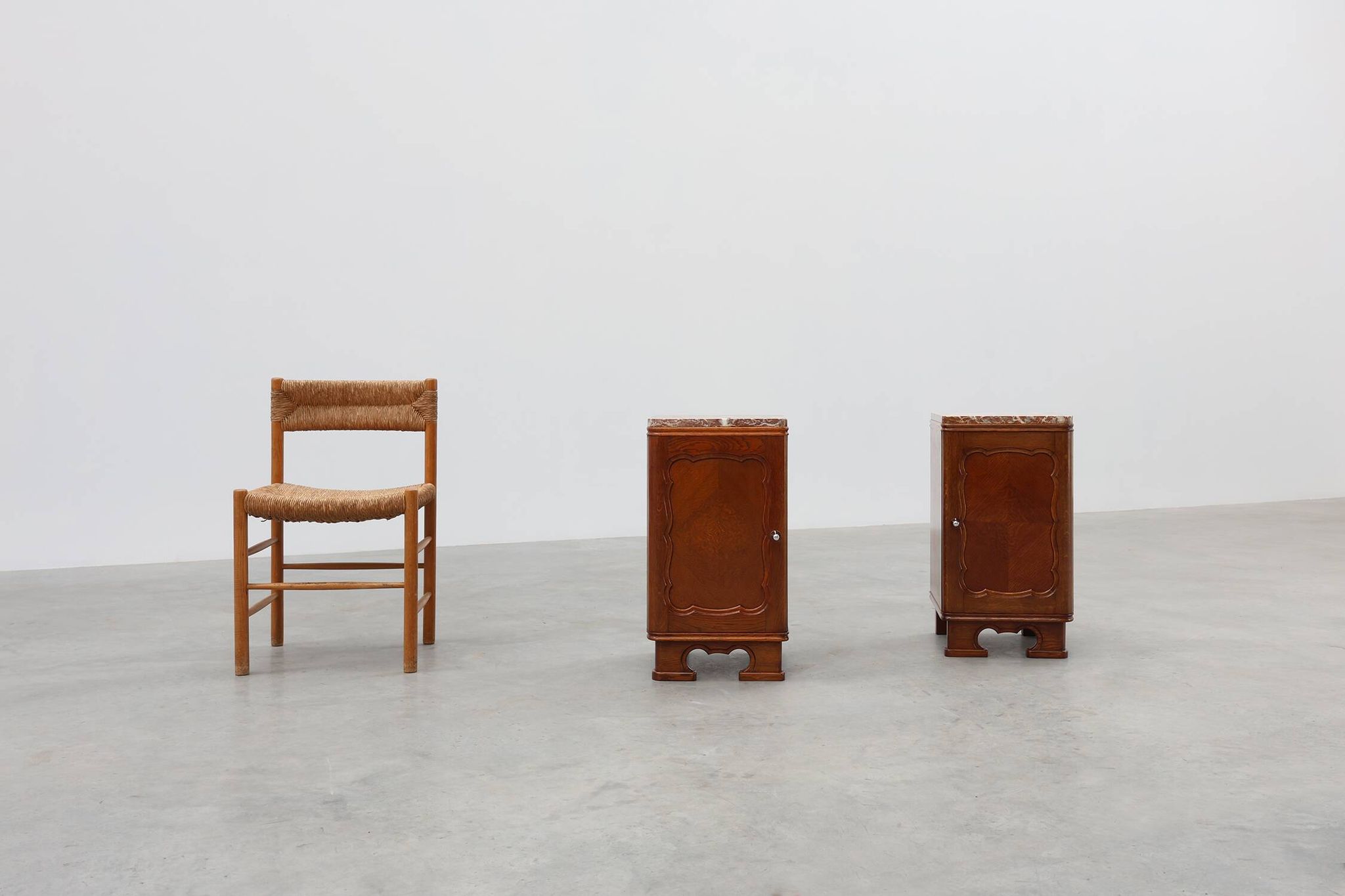 Pair of Art Deco nightstands in oak with marble top, France ca. 1925
