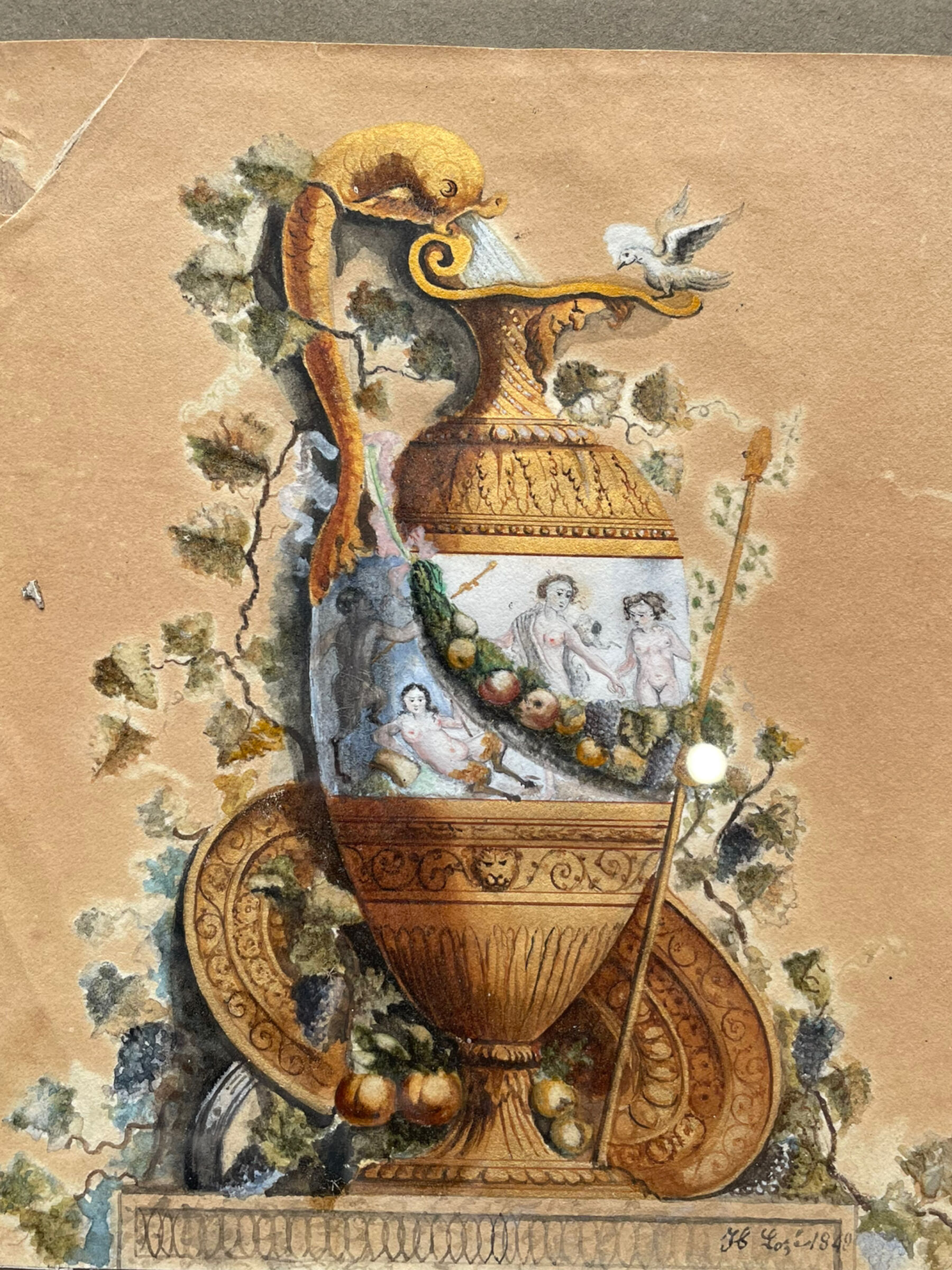 Watercolor XIXth Fountain at Antique Signed H. Lozé