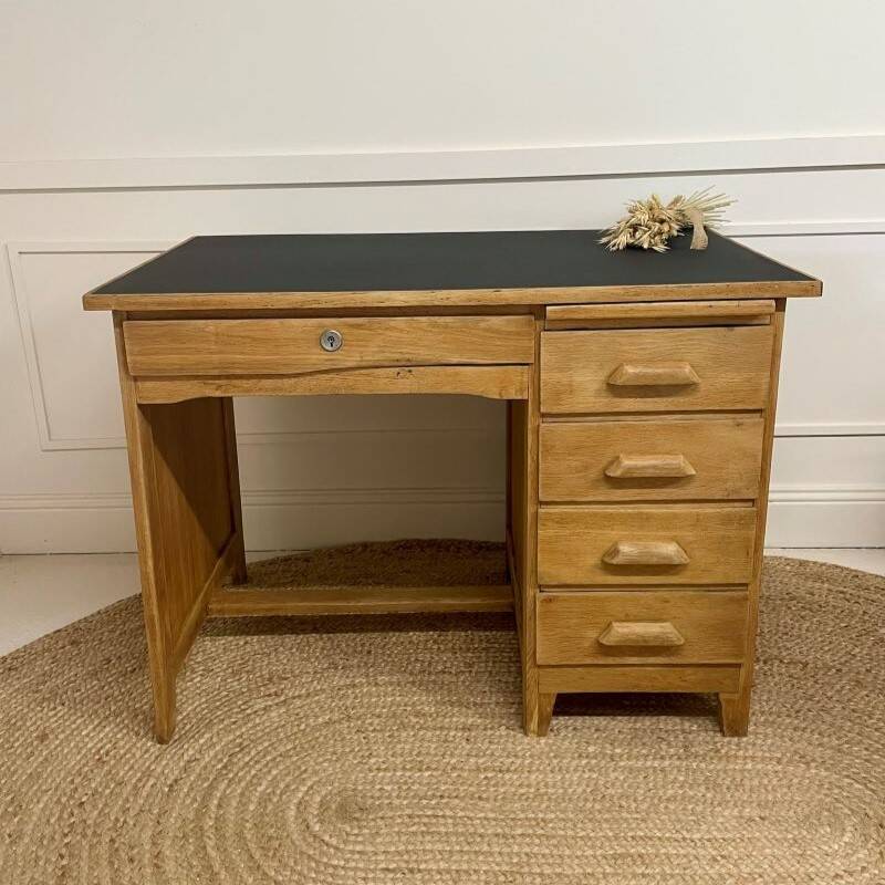 Vintage solid oak, wood and black desk
