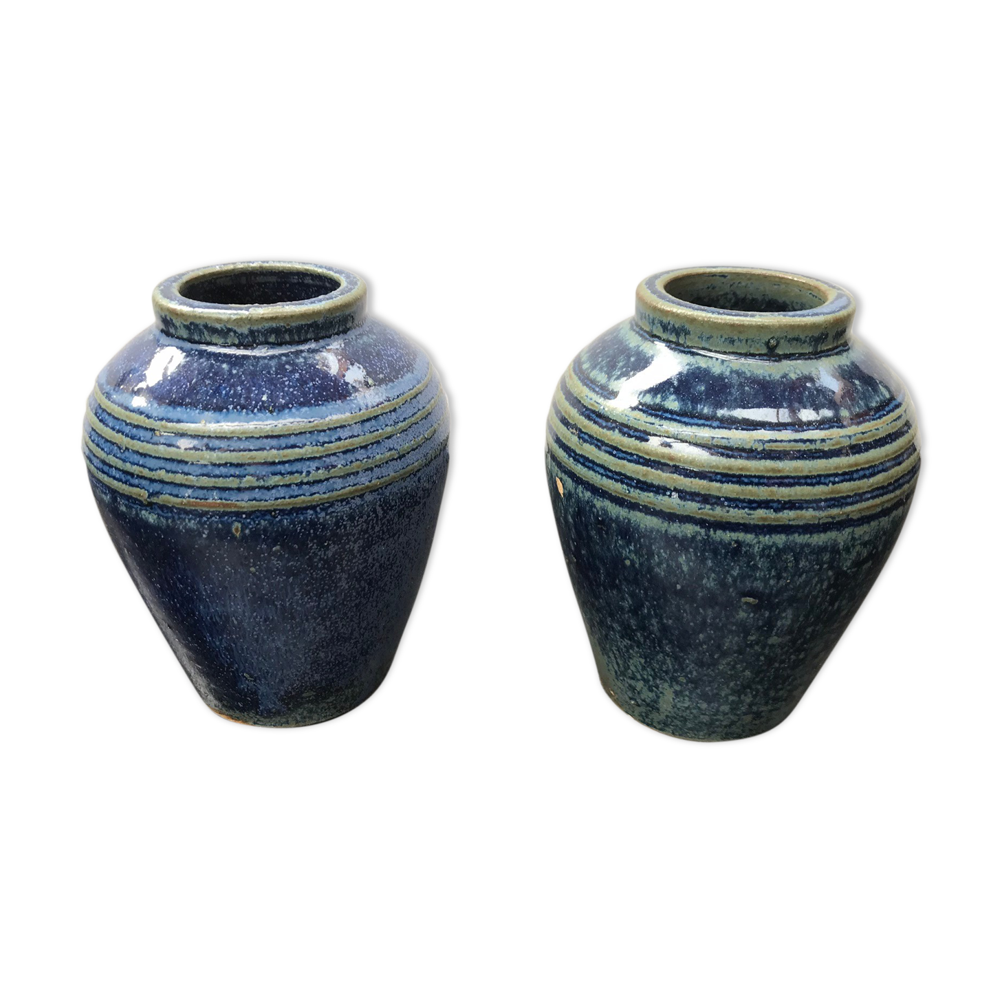 Pair of old vintage blue enamelled stoneware vases