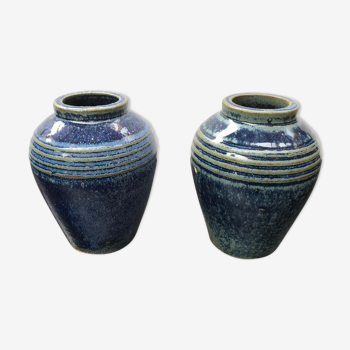 Paire de vases ancien grès émaillé bleu vintage