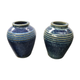 Paire de vases ancien grès émaillé bleu vintage