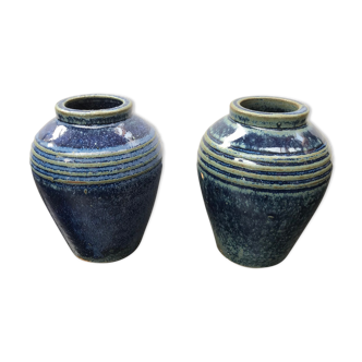 Paire de vases ancien grès émaillé bleu vintage