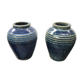 Pair of old vintage blue enamelled stoneware vases