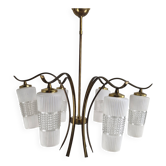Italian Mid-Century Brass Chandelier with Murano Style Glass Shades, 1960's