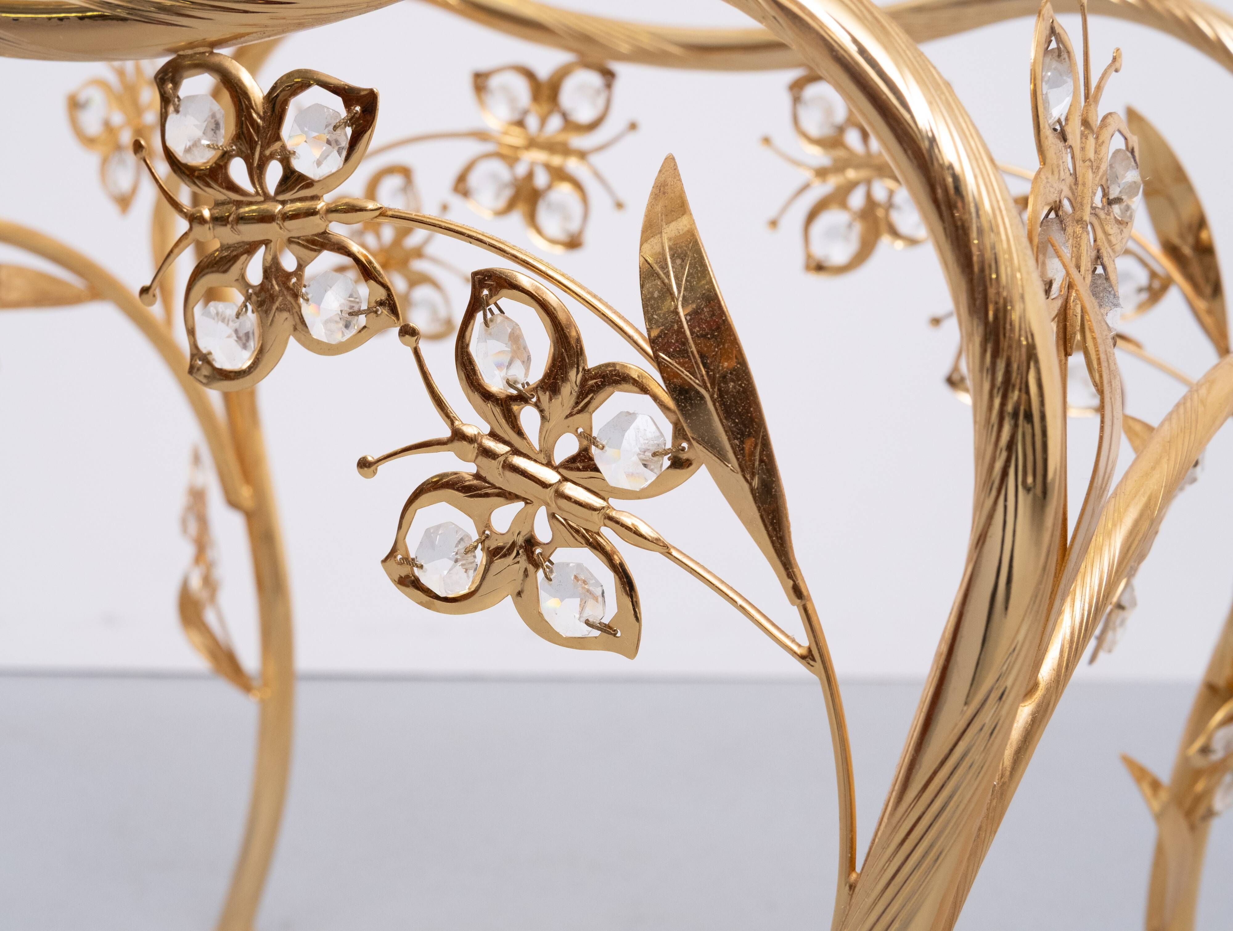Butterfly brass and Crystal Oval shaped side Table Hollywood Regency 1980s