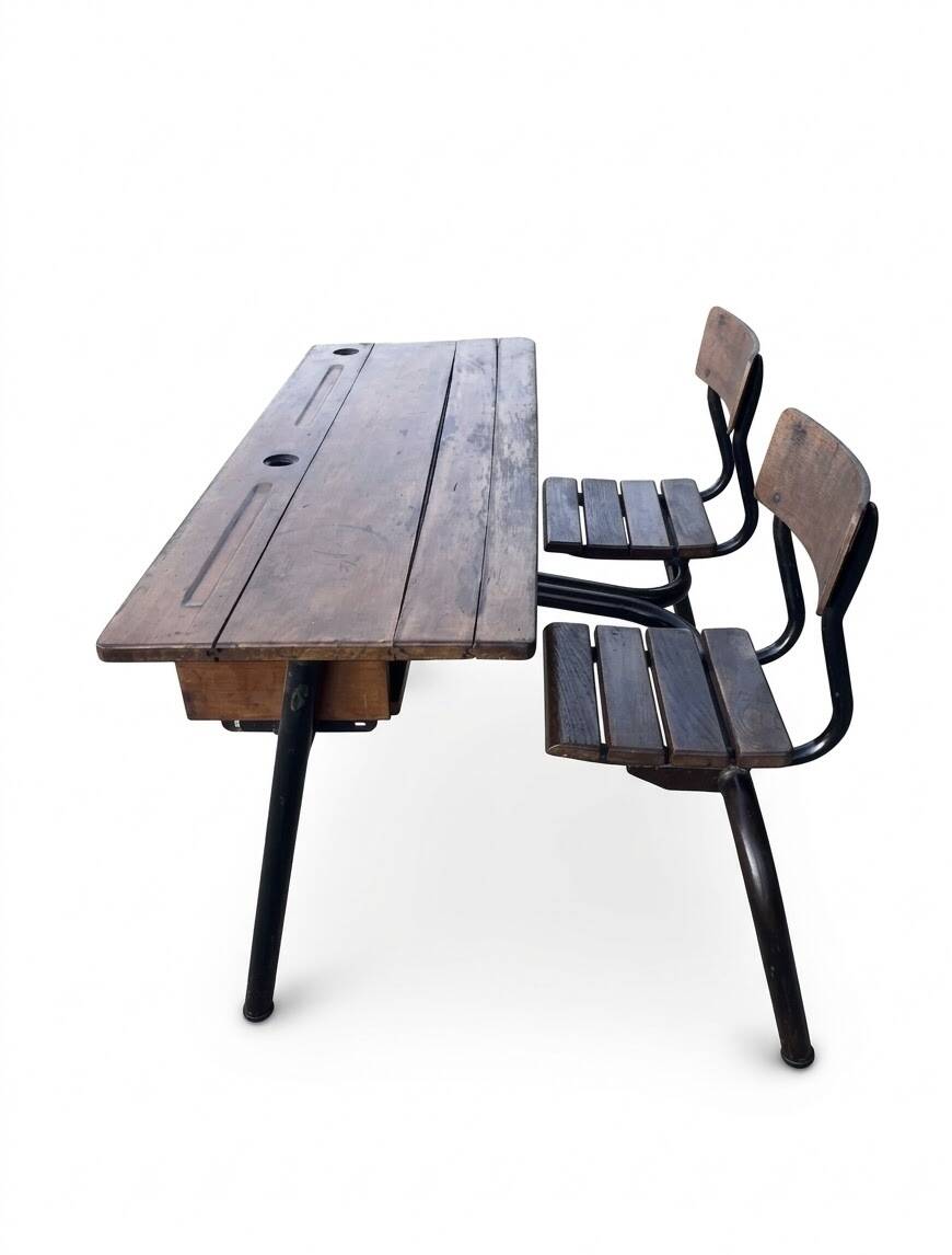 bureau d'école double avec chaises intégrées (ou pupitre d'écolier double)