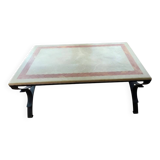 Character coffee table in stone marquetry and black metal.