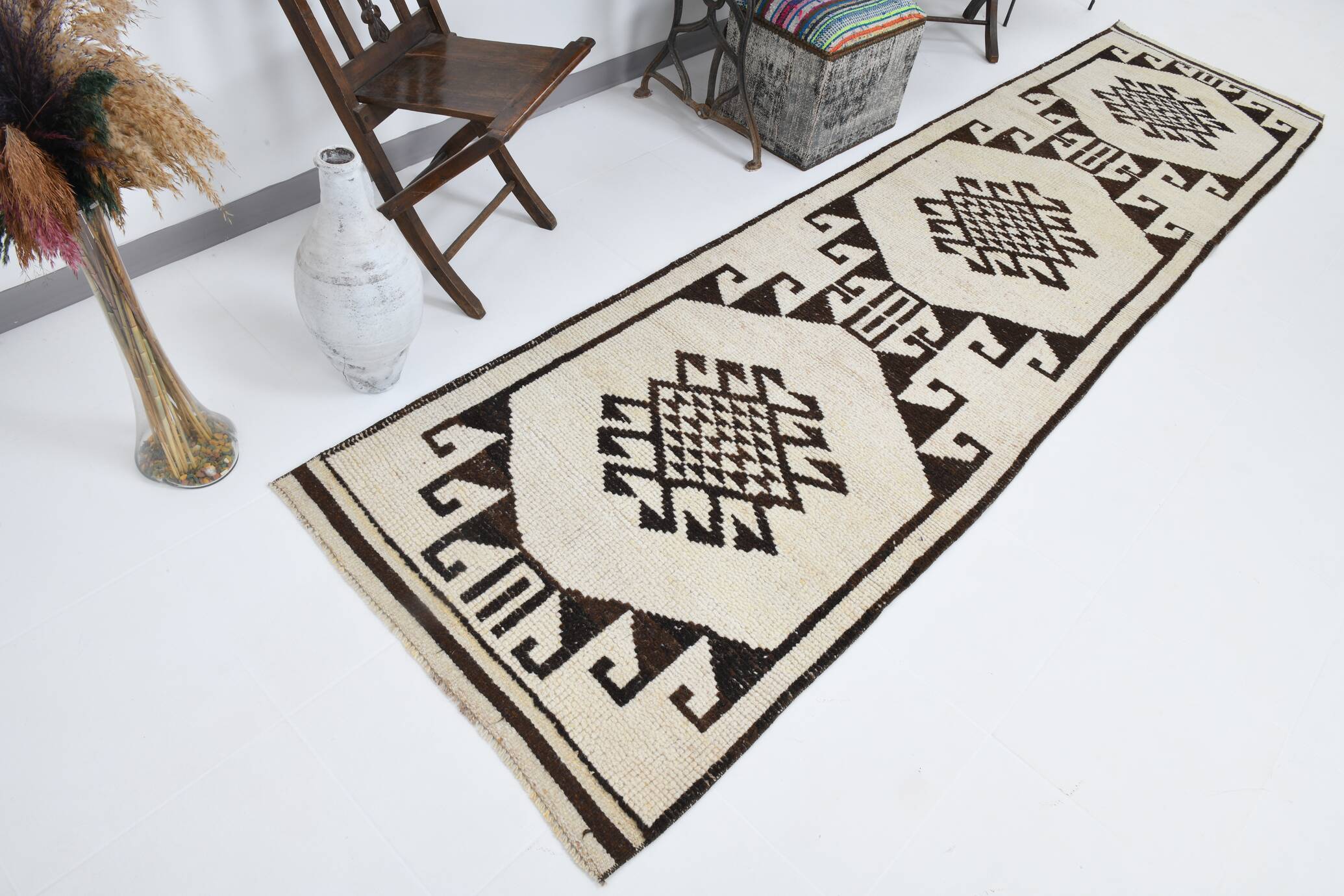 3x12 Rug For Hallway Brown Beige Turkish Runner Rug, 92x364Cm SK 18273