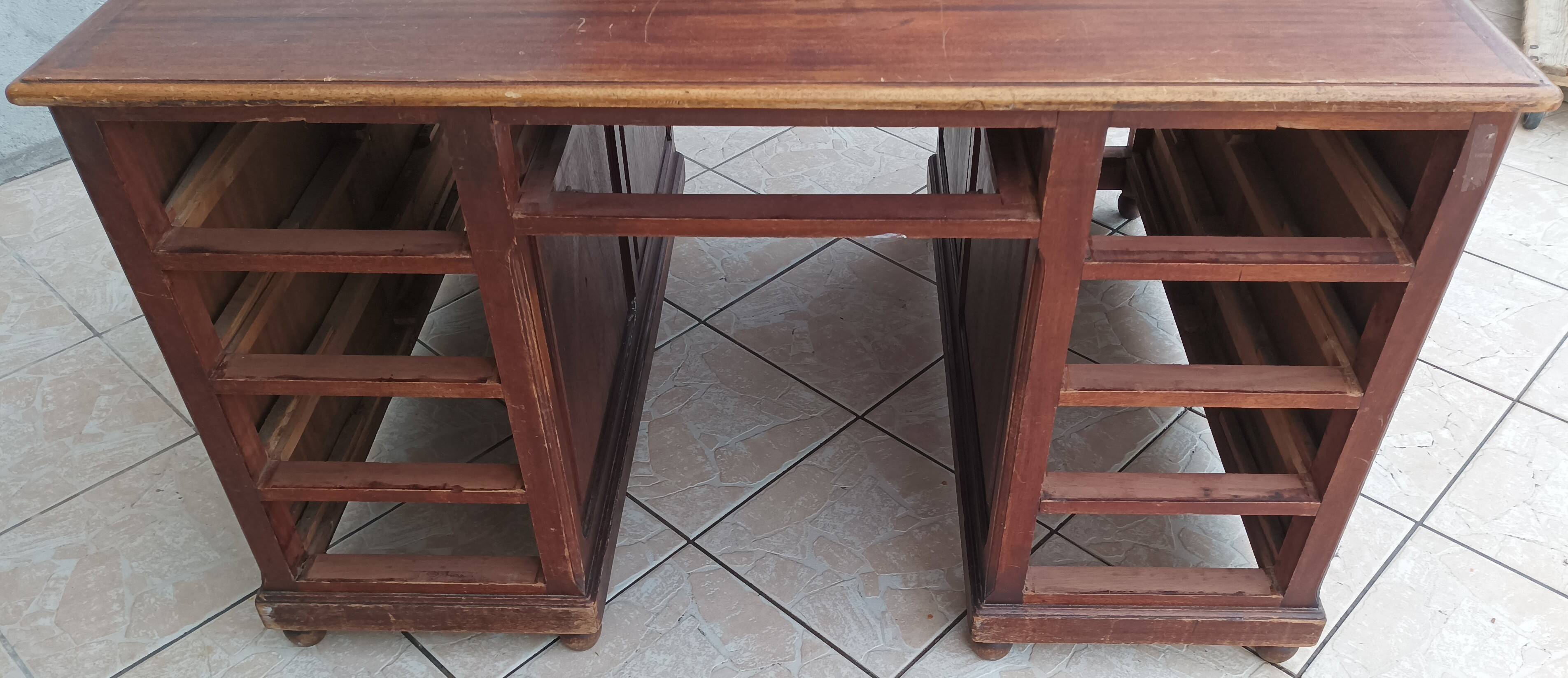 Vintage mahogany double-sided desk with 18 drawers