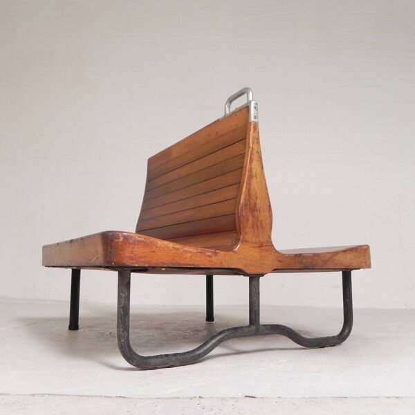 Banc de train en teck double face, années 1930