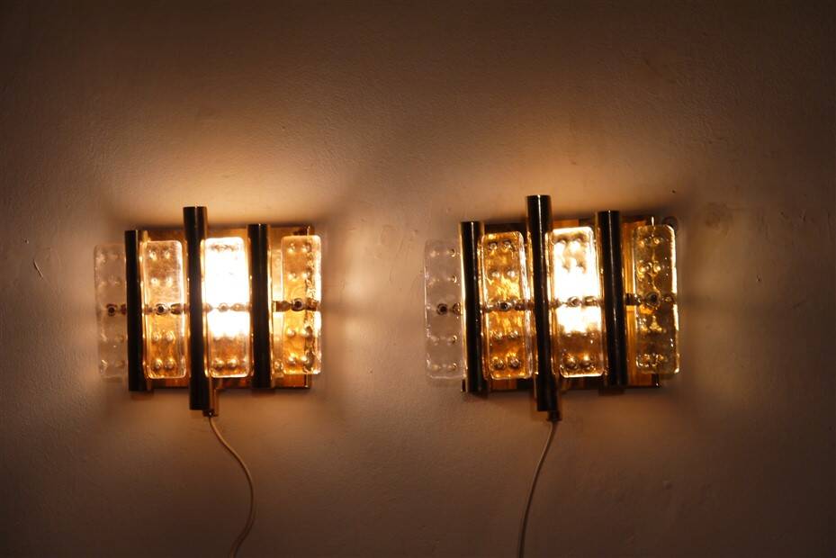 Pair of glass and brass wall lights by Carl Fagerlund 1970