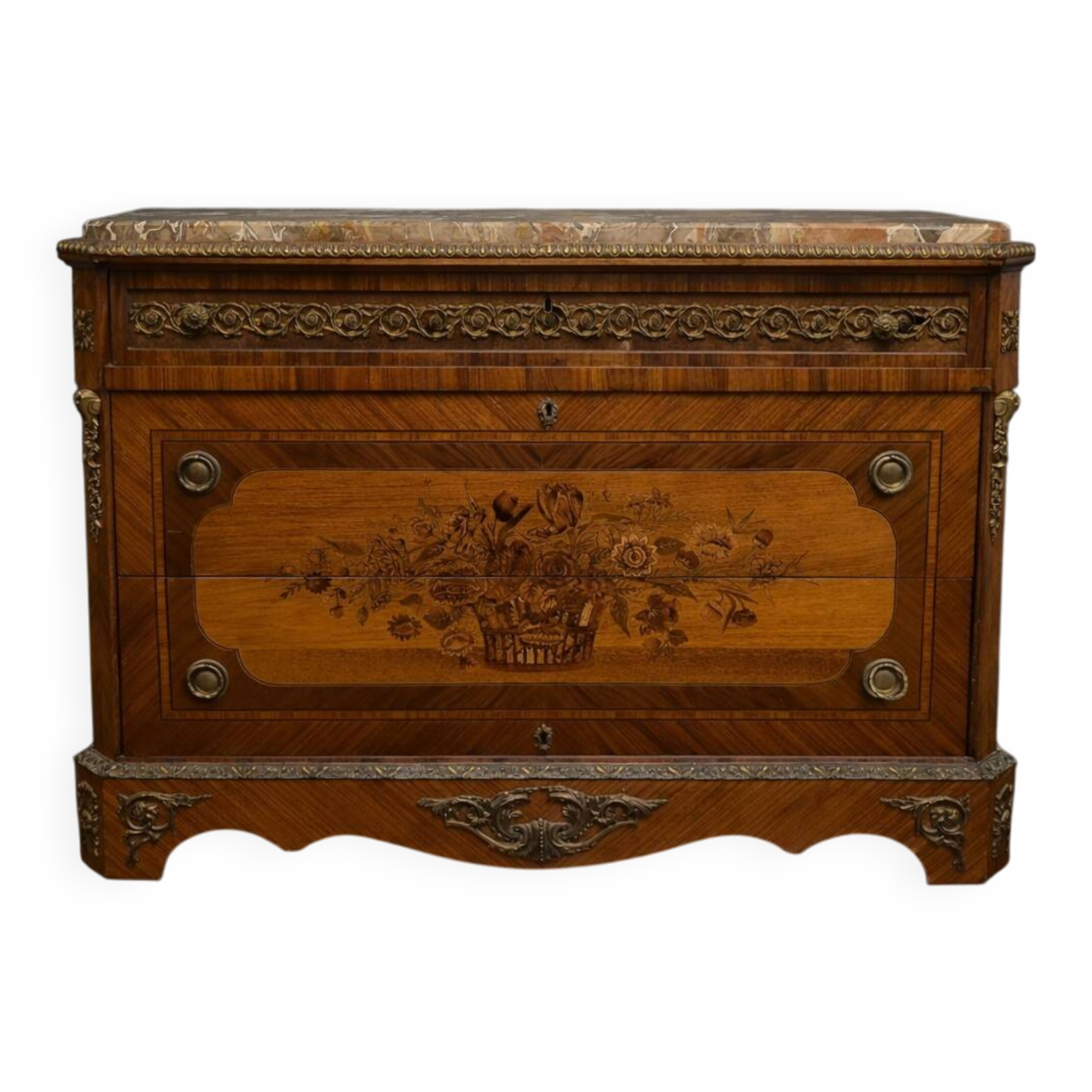 Marquetry commode Napoleon III – Marble top – Gilded bronzes