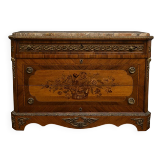 Marquetry commode Napoleon III – Marble top – Gilded bronzes