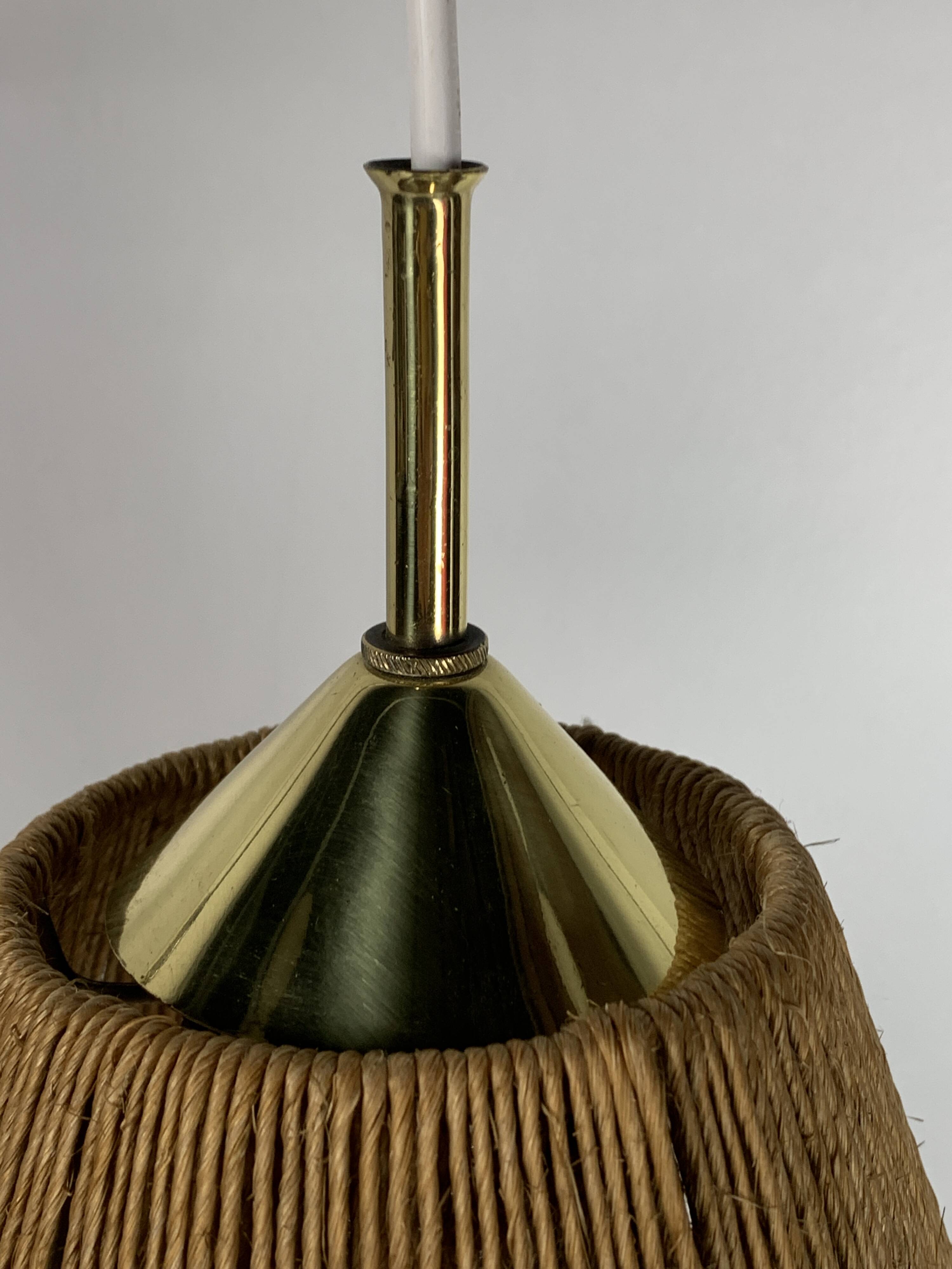 Midcentury extendable brass wall mount with cocoon and sisal shade Lars Schioler, 1960s