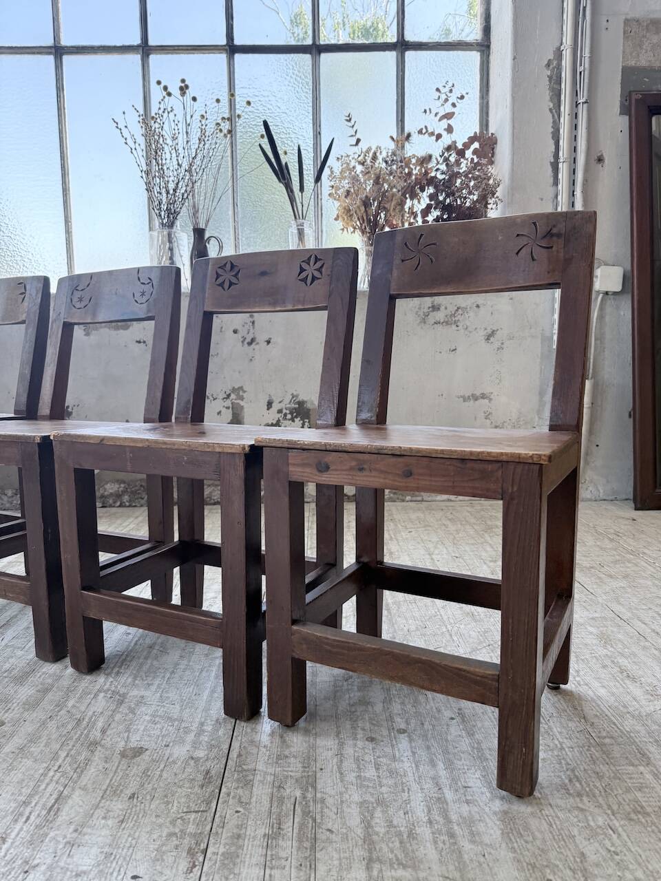 Set of 4 Savoyard pine folk art chairs from the 1950s.