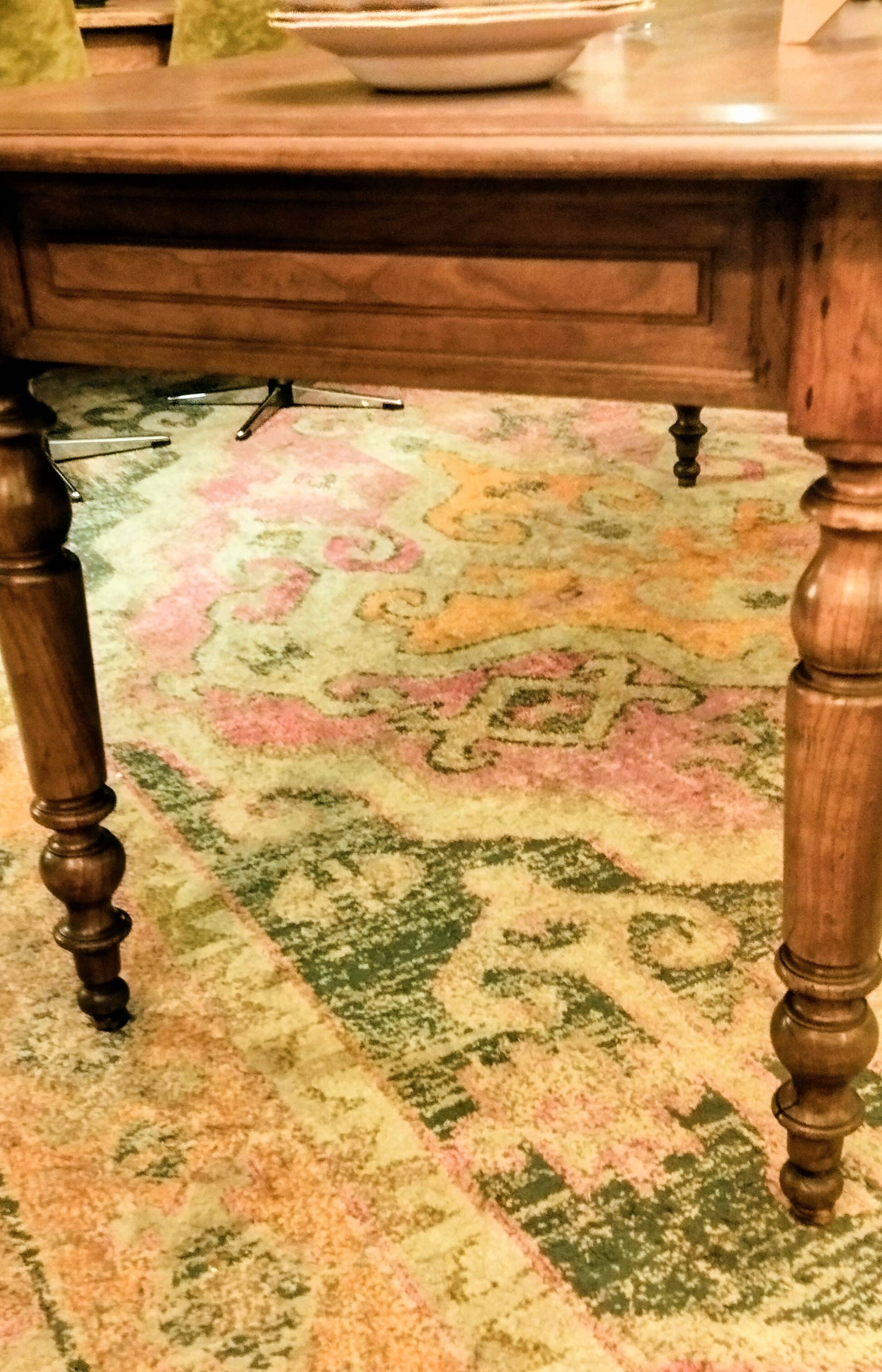 Old French farmhouse table in walnut, turned legs, waxed finish