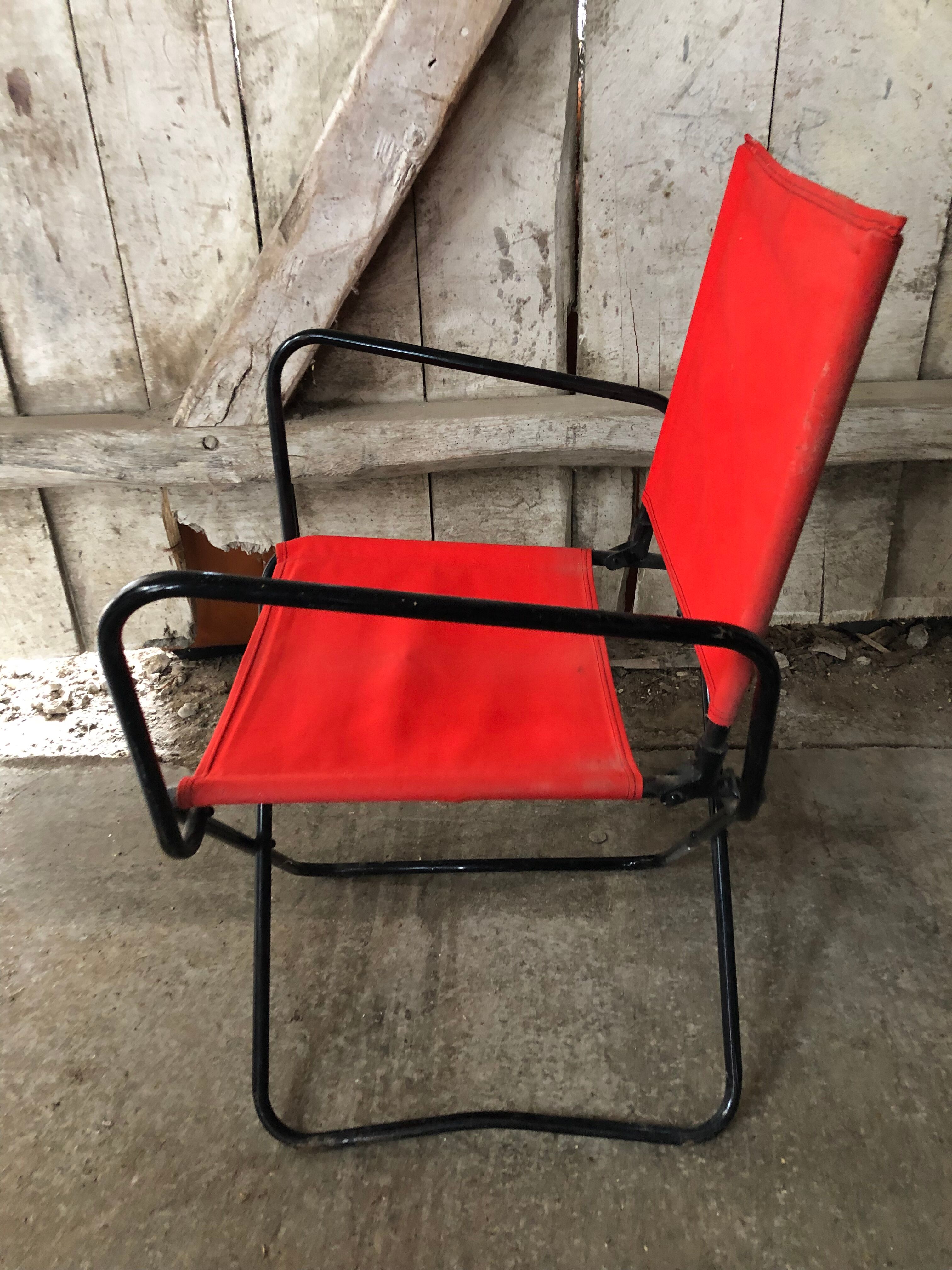 Old Folding Armchair Tube Metal Black + Red Fabric 70s Vintage