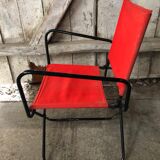 Old Folding Armchair Tube Metal Black + Red Fabric 70s Vintage