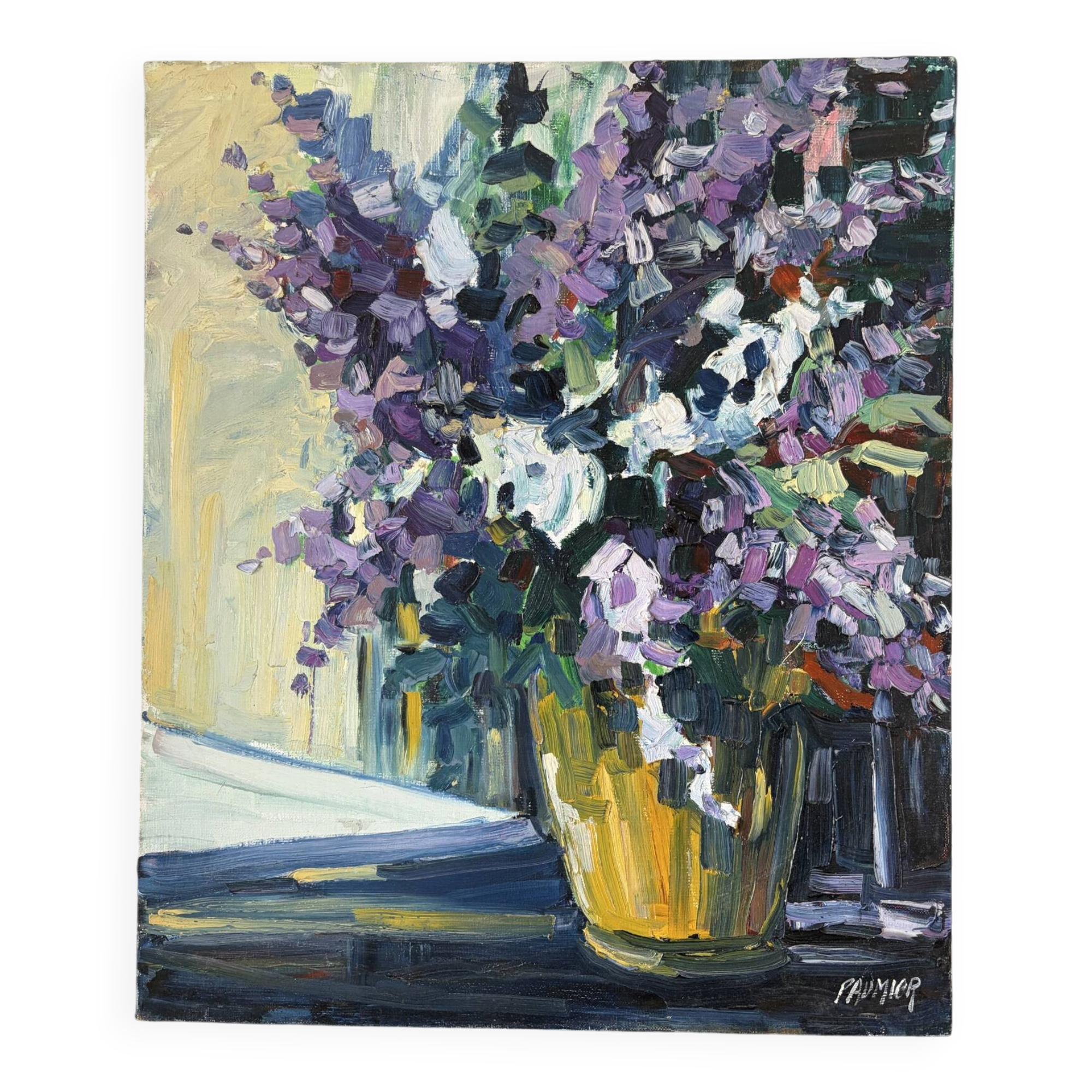 Violet bouquet at the window, oil on canvas signed Lilas Paumier.