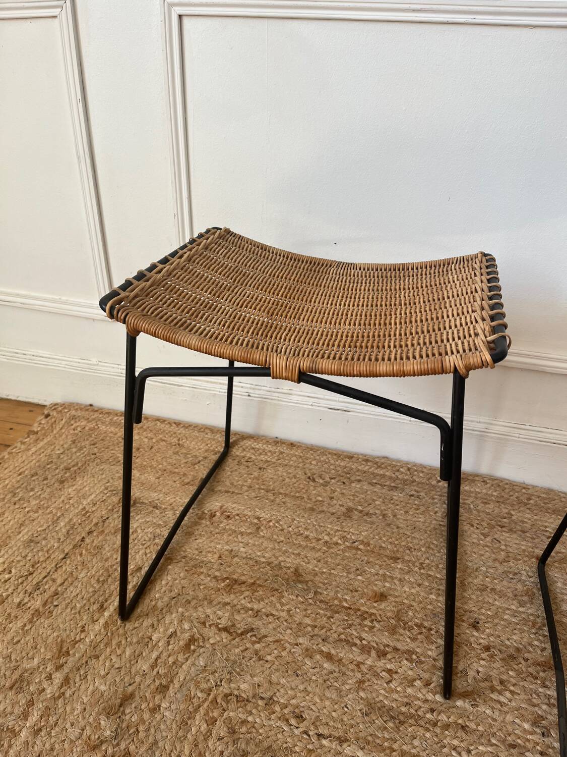 Pair of Raoul Guys stools for Airborne in wicker 1950
