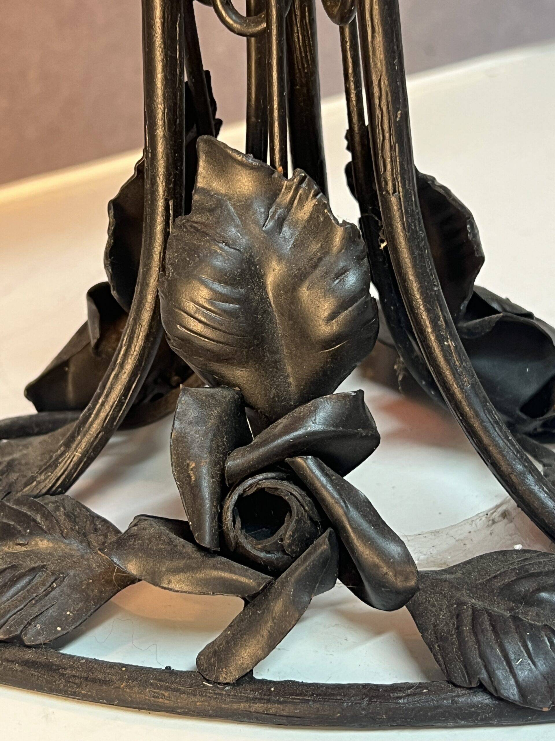 Contemporary mushroom lamp, wrought iron base and orange glass shell with blue hues in the art deco style