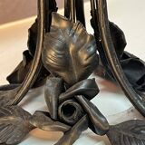 Contemporary mushroom lamp, wrought iron base and orange glass shell with blue hues in the art deco style